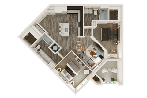 Floor plan for 2 beds, 2 baths, 1047 sqft
